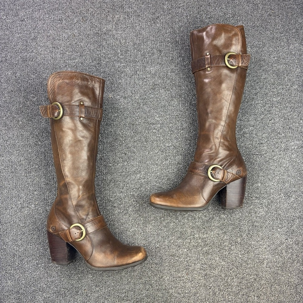 Born Brown Leather Harness Tall Boots Block Heel Side Zip Womens 8  009216